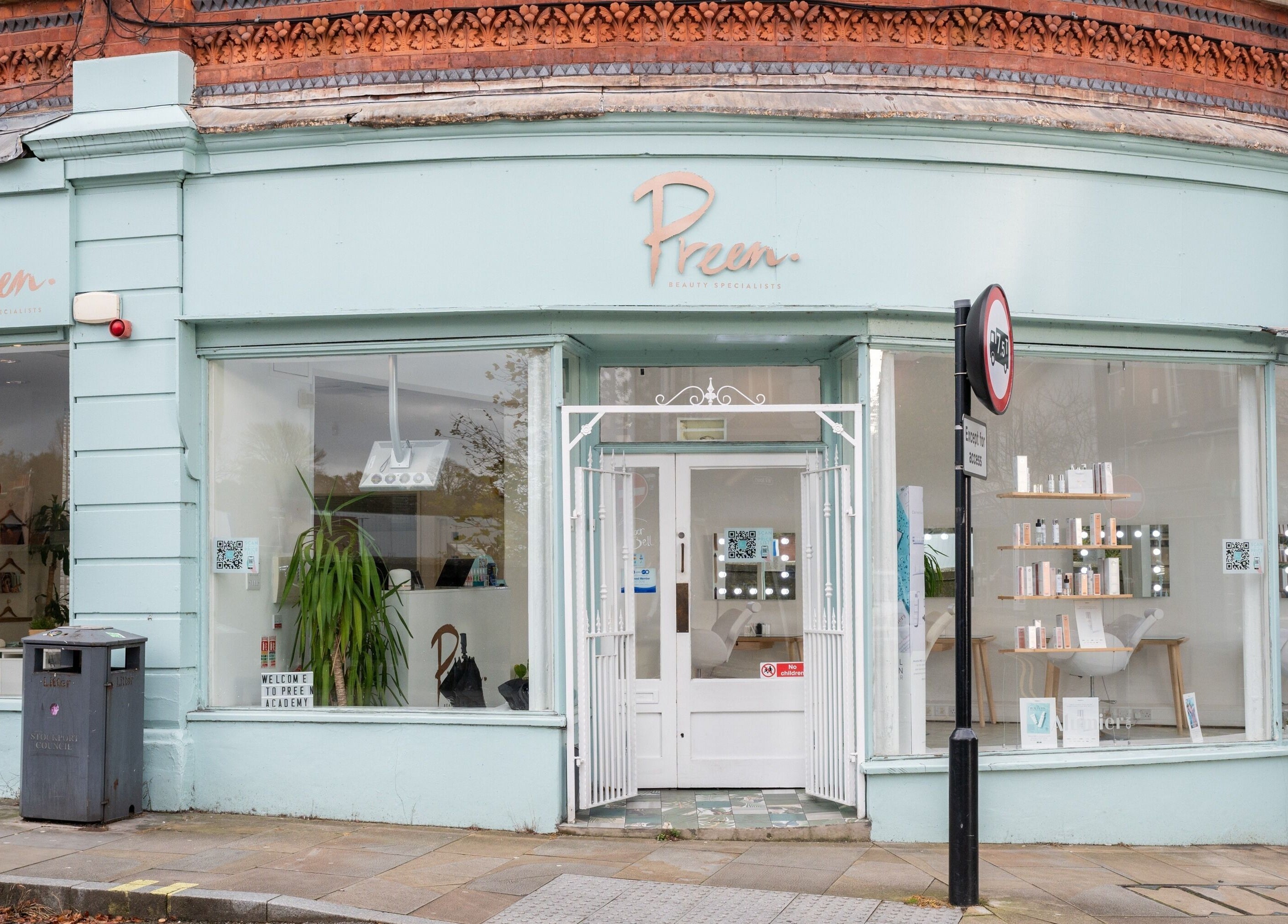 Front view of Preen beauty salon, located in Stockport, England, GB, showcasing the modern exterior design.
