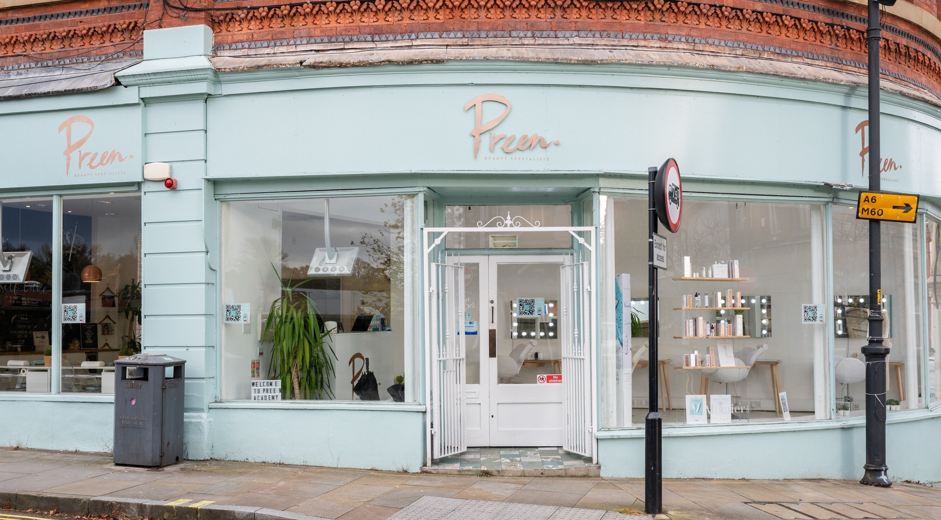 Front view of Preen beauty salon, located in Stockport, England, GB, showcasing the modern exterior design.