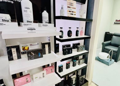 Glitz Beauty Center's product display and spa chair in Dubai, AE, showcasing luxurious beauty treatments.