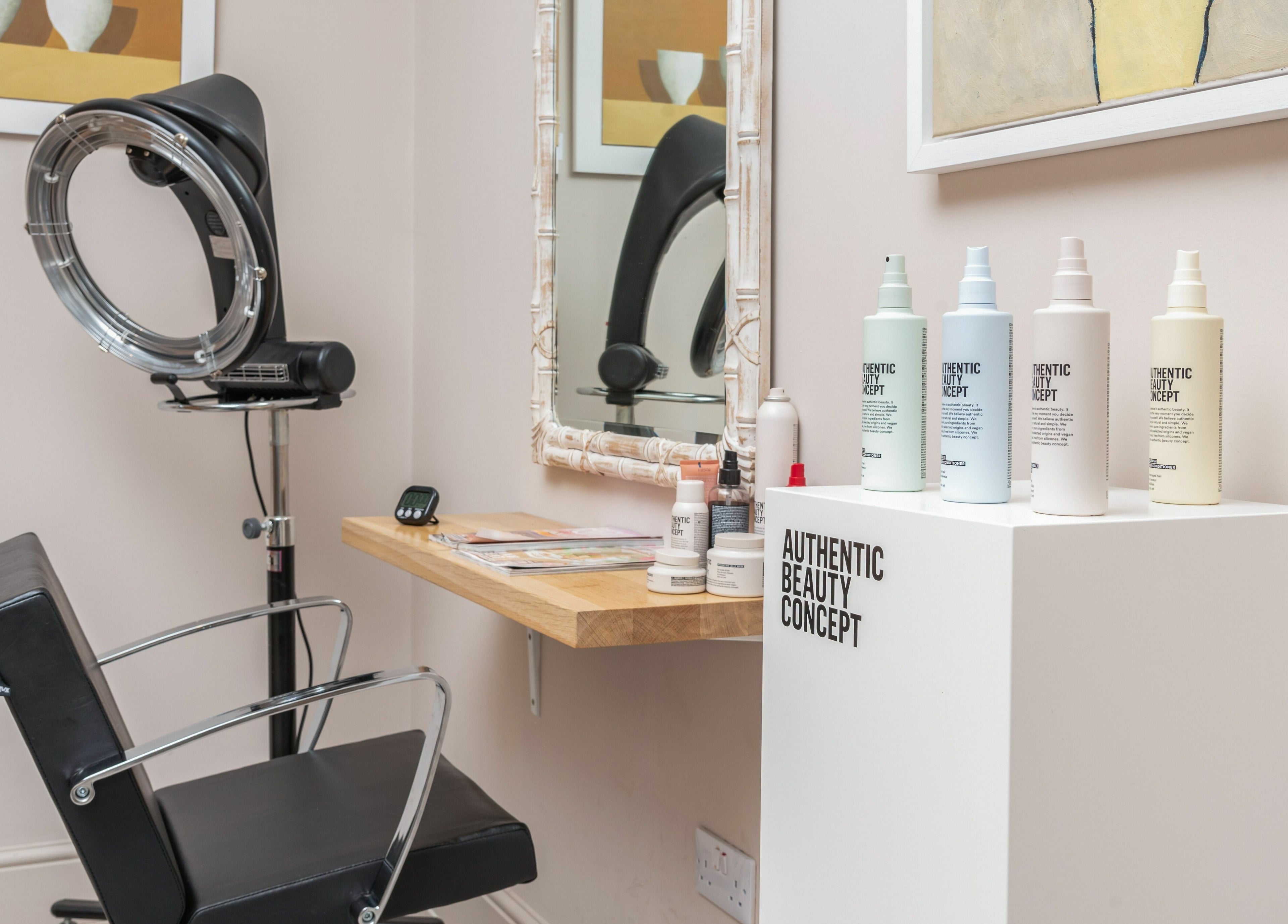 Hair styling station at Elcot Park Retreat, Newbury, England, GB with beauty products.