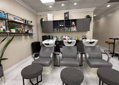 Modern salon interior with sleek wash stations at Fios Beauty, Miami, Florida, US.
