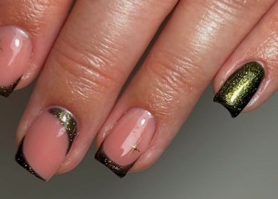 Stylish nail design at Estelle’s Beauty Room, Rugeley, England, GB with pink and black accents.