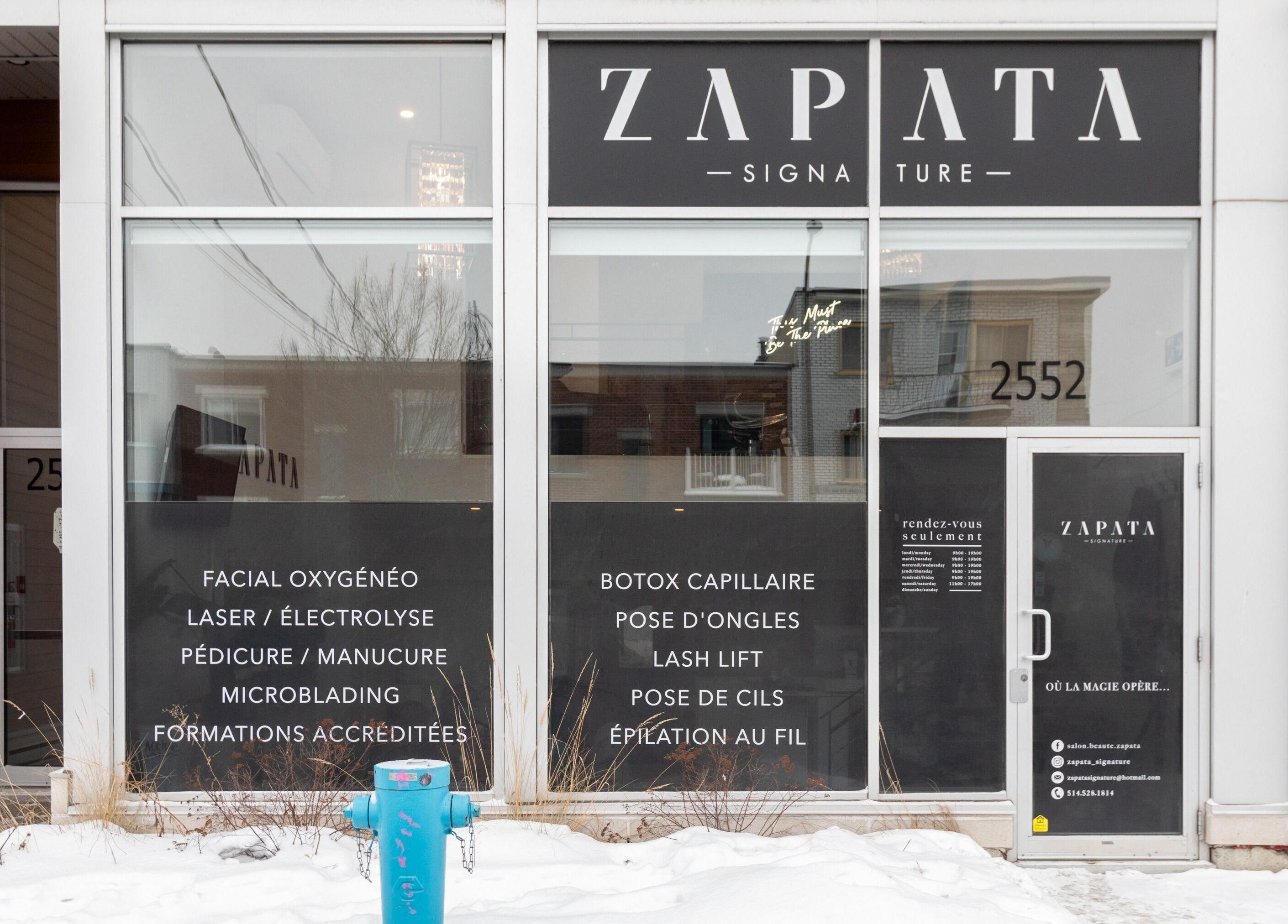 Façade de Zapata Signature à Montréal, Québec, CA, spécialisée en soins de beauté et bien-être.