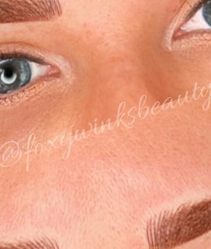 Close-up of expertly shaped brows at FoxyWinks Beauty in Bowmanville, Ontario, CA.