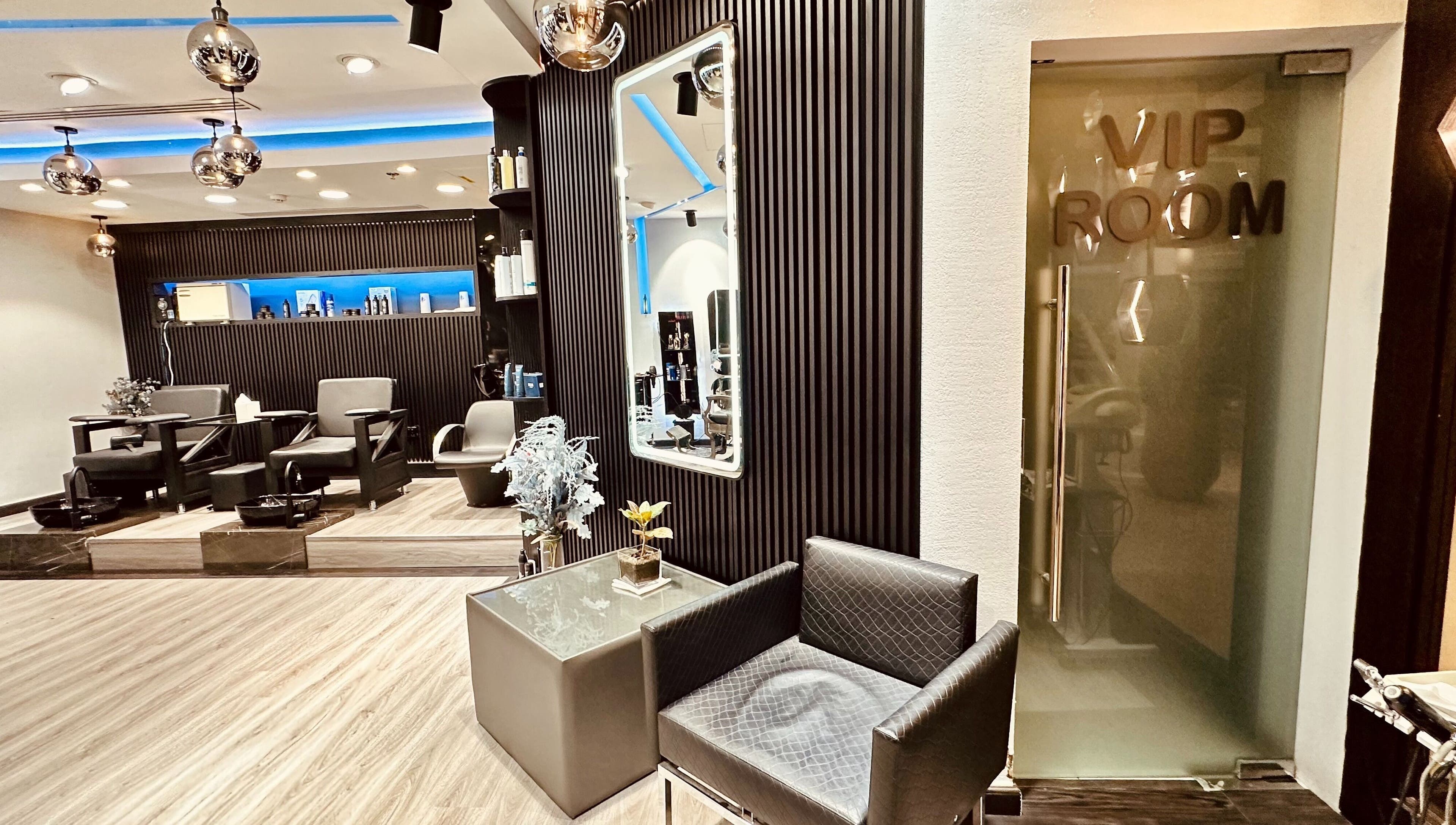 Luxurious interior of Shadow Chic Gents salon, VIP room in Dubai, Dubai, AE with modern decor.
