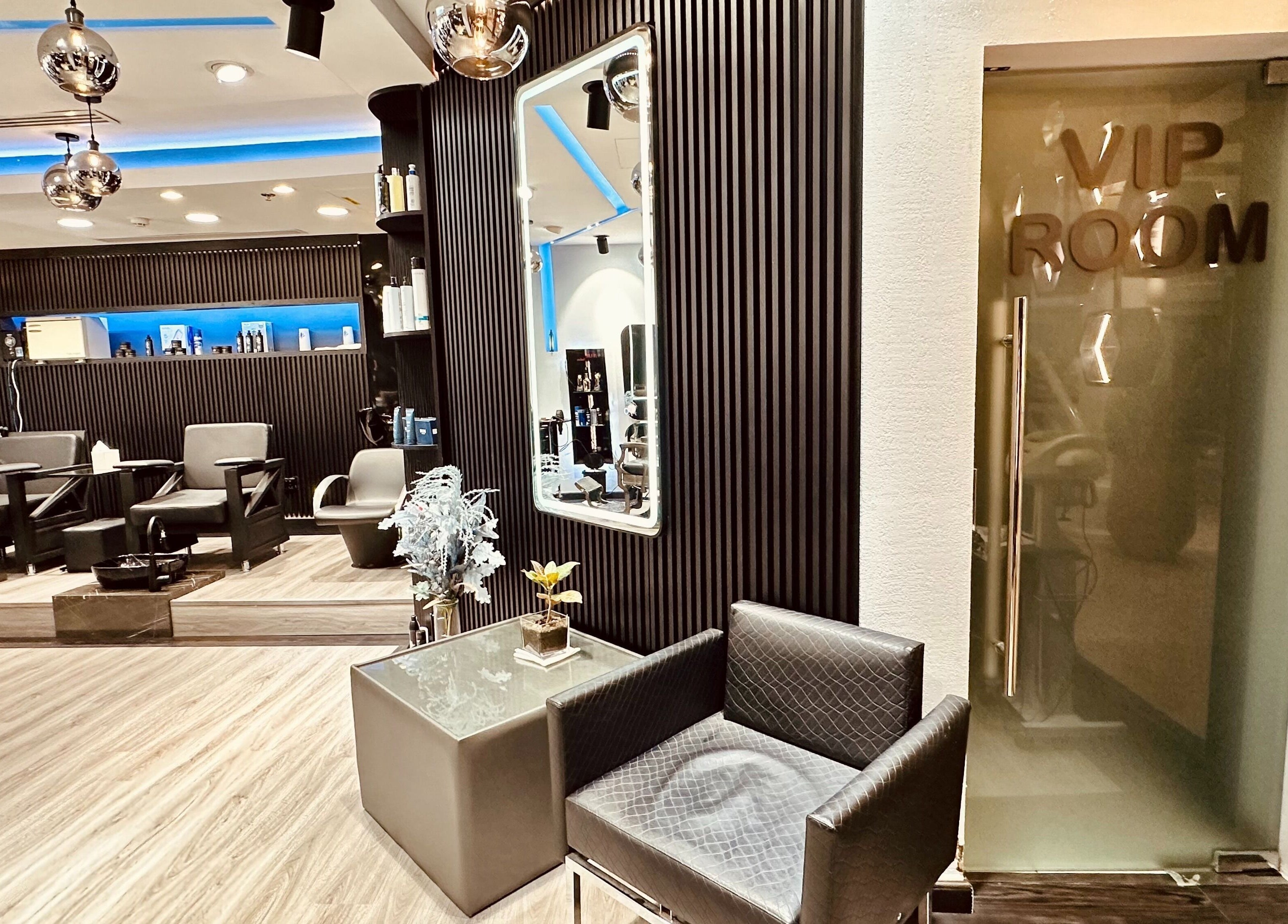 Luxurious interior of Shadow Chic Gents salon, VIP room in Dubai, Dubai, AE with modern decor.