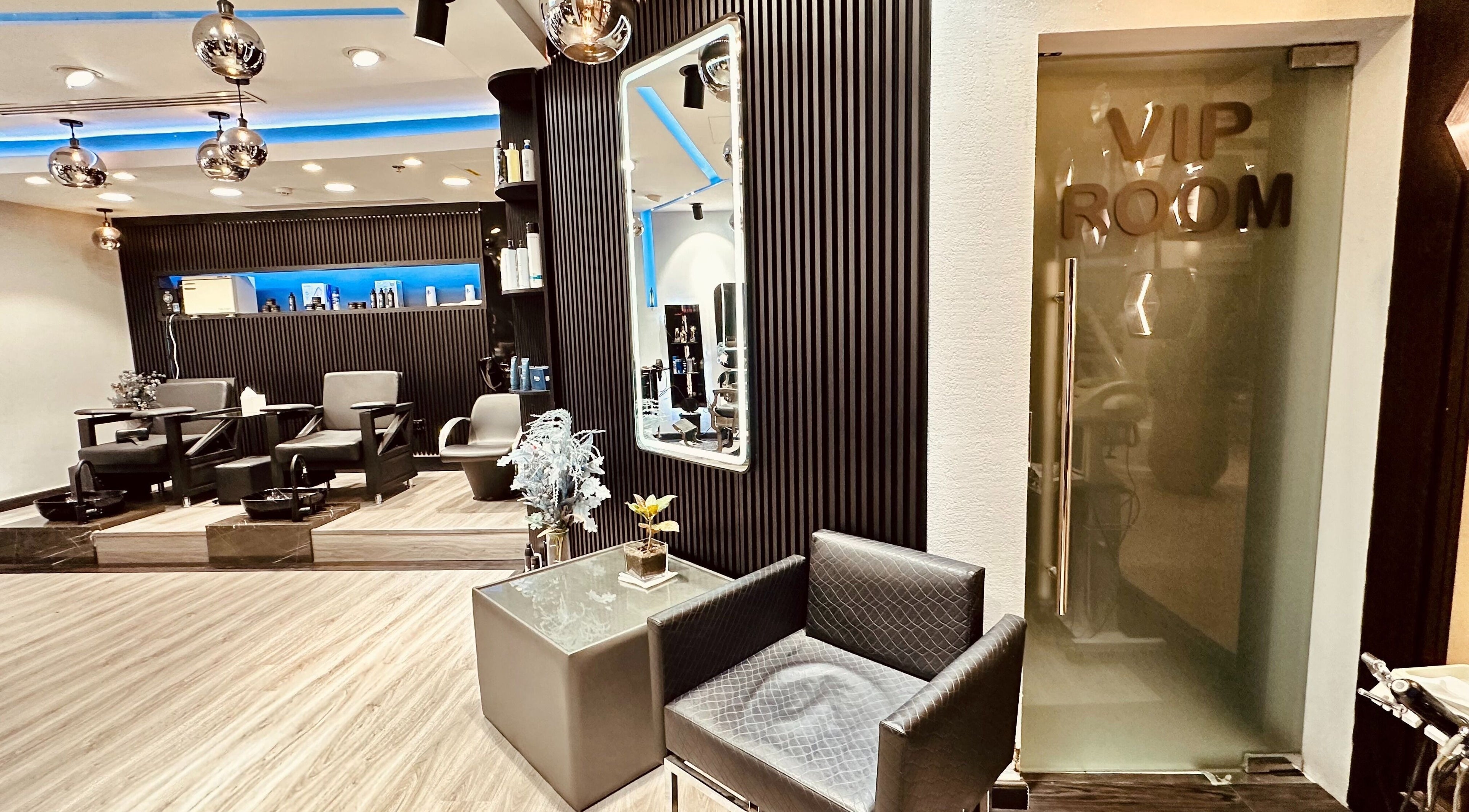 Luxurious interior of Shadow Chic Gents salon, VIP room in Dubai, Dubai, AE with modern decor.