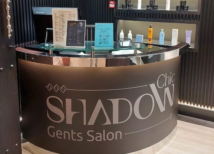 Reception at Shadow Chic Gents salon in Dubai, Dubai, AE showcasing a modern, stylish front desk.