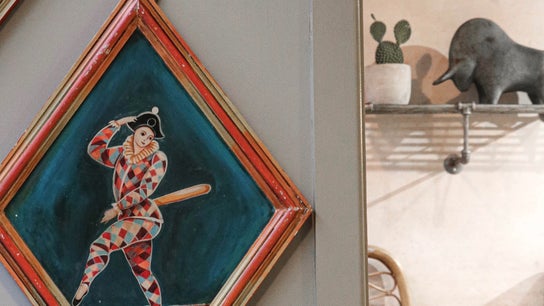 Artistic wall decor at Cuttlefish Eco Salon - Lewes, featuring a colorful harlequin painting, Lewes, England, GB.