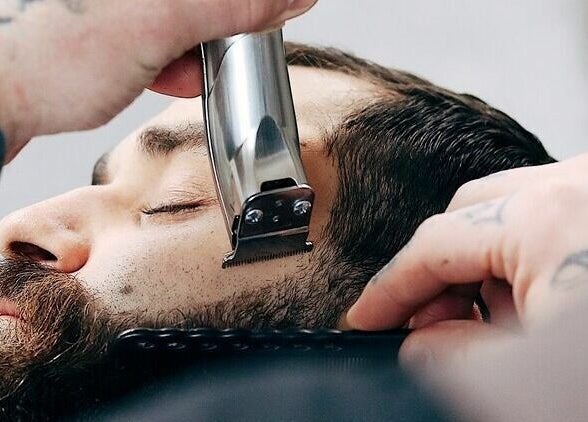 Close-up of beard trim at Off Cut, Camberwell, London, England, GB