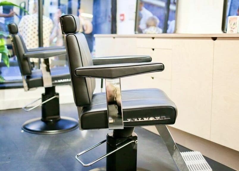 Elegant salon chair at Off Cut, Crystal Palace in London, England, GB, offering luxury grooming.
