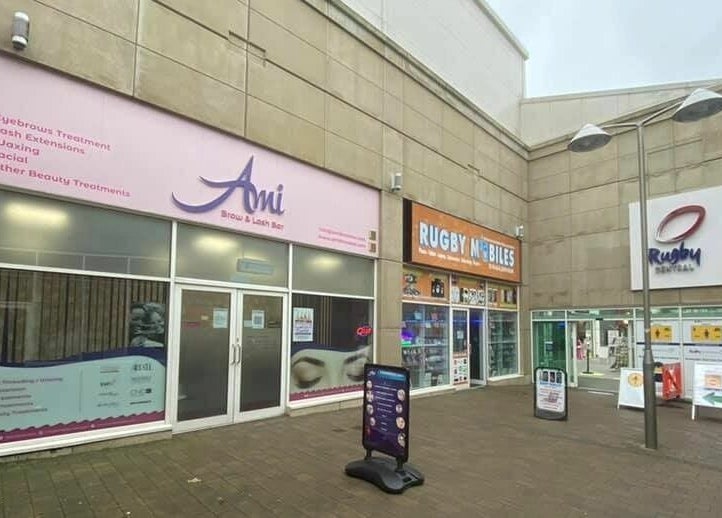 Entrance of Ami Brow and Lash Bar located in Rugby, England, GB, showcasing beauty services.