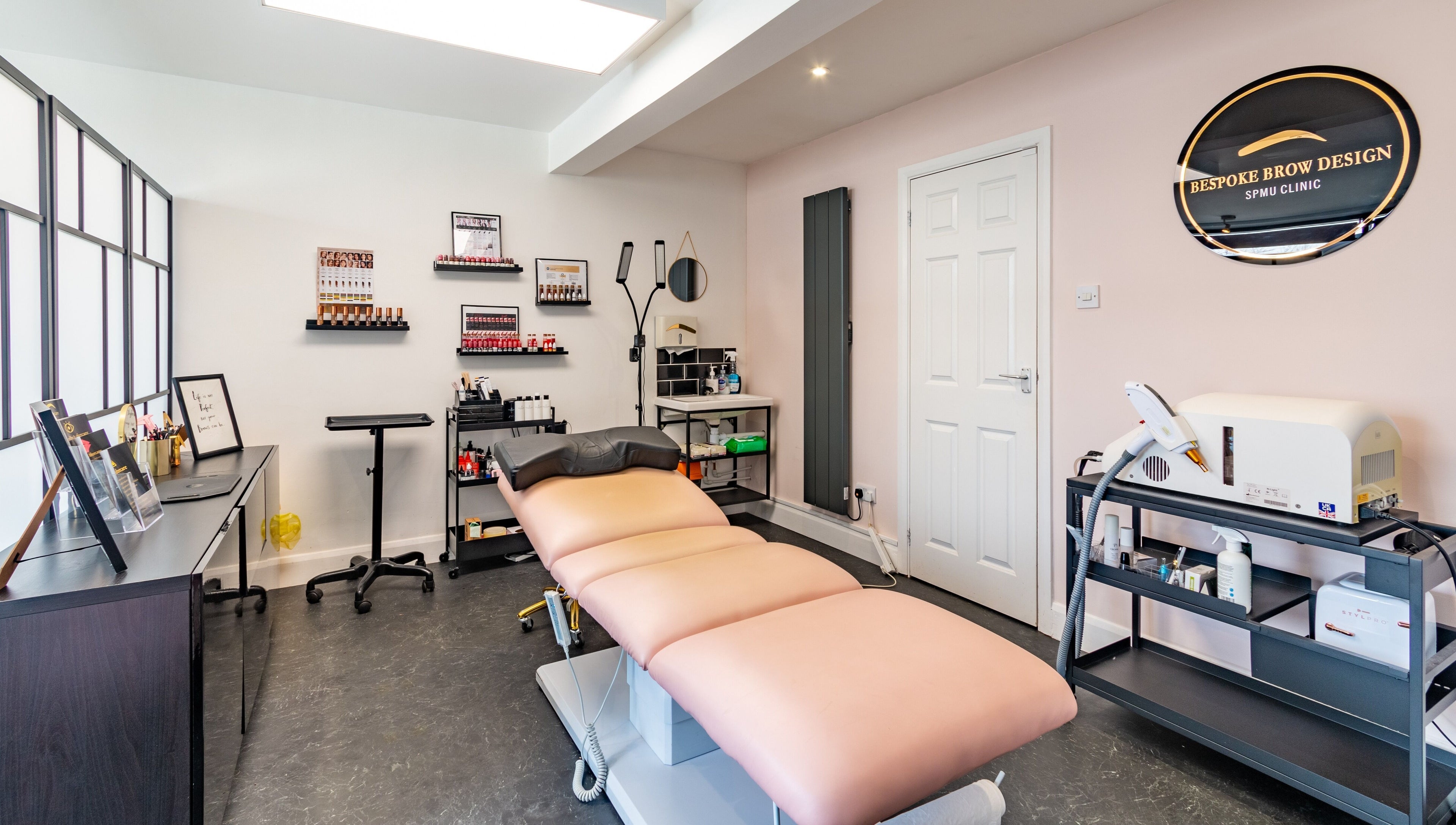 Modern beauty studio at Bespoke Brow Design, Rustington, England, GB showcasing aesthetic interior and equipment.