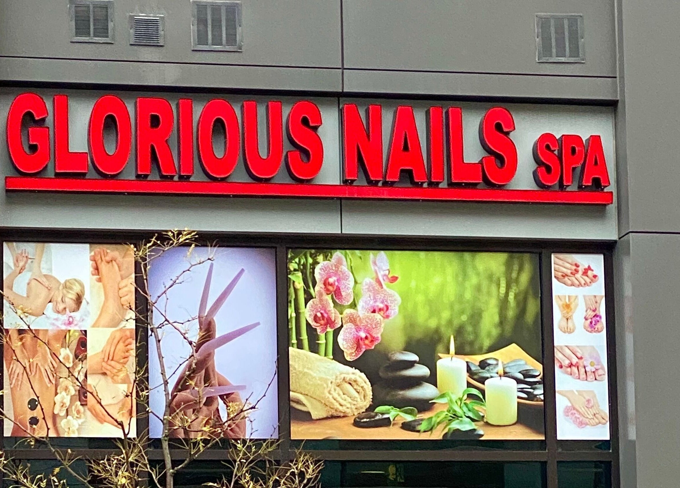 Front signage of Glorious Nails and Spa, displaying beauty services, Ottawa, Ontario, CA.