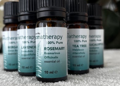 Assorted aromatherapy essential oils at Sunday Rose, Shadoxhurst, England, GB, enhancing relaxation and wellness.
