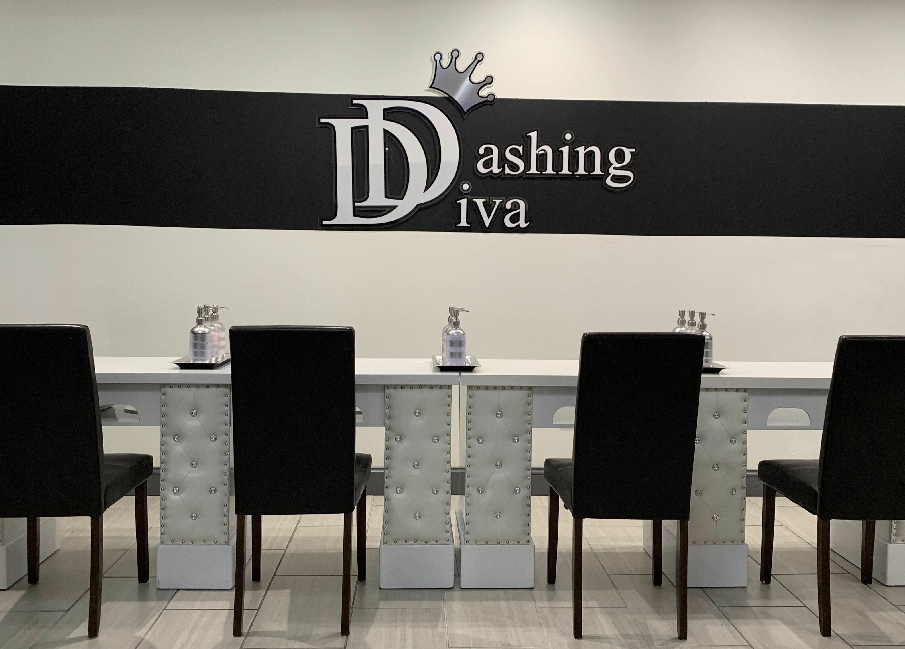 Elegant nail station at Dashing Diva Nails and Spa in Swampscott, Massachusetts, US.