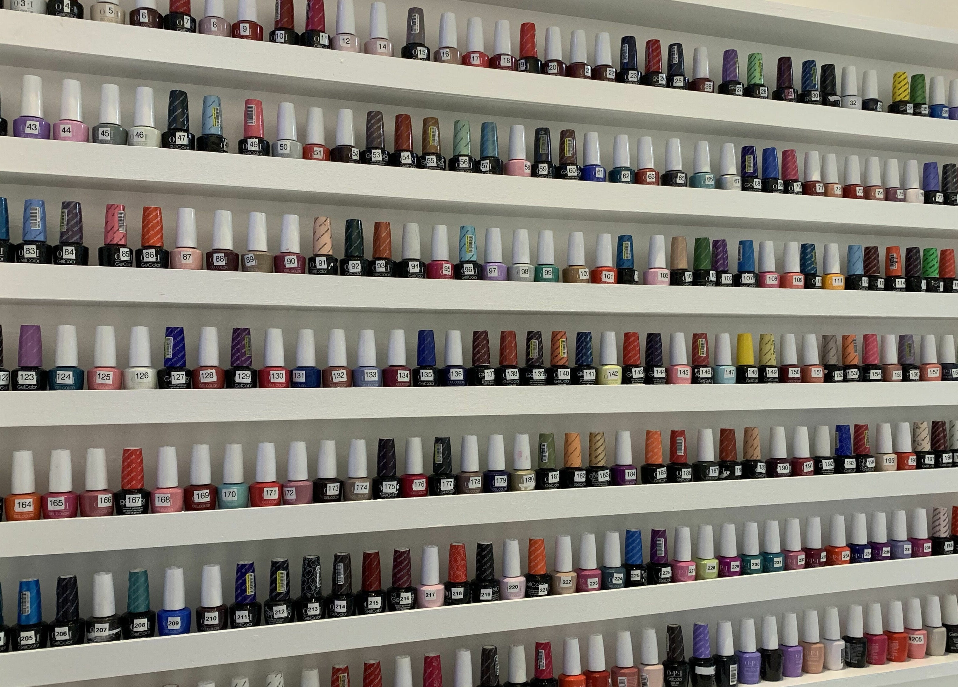 A vibrant range of nail polishes at Dashing Diva Nails and Spa, Swampscott, Massachusetts, US.