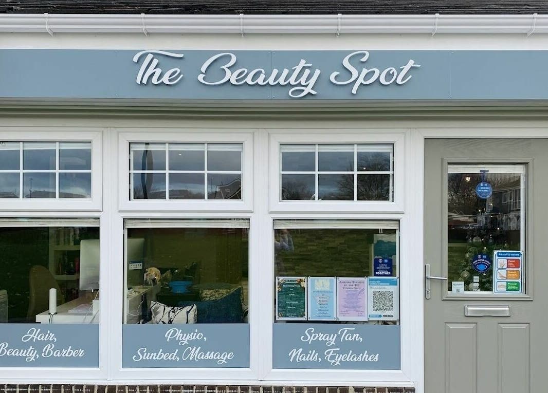 Front view of The Beauty Spot in Jarrow, England, GB, showcasing services like hair, beauty, and massage.