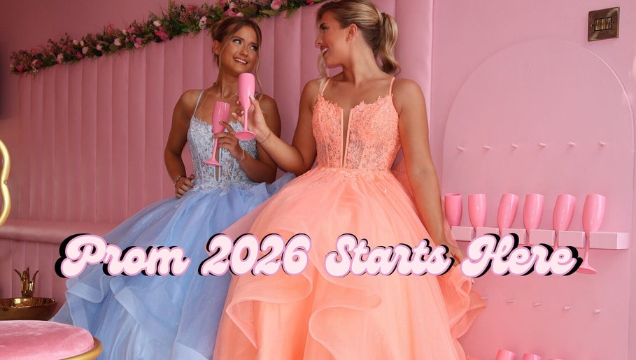 Two women in gowns at Blush Studio UK, Stockton-on-Tees, England, GB, celebrating with pink accents.