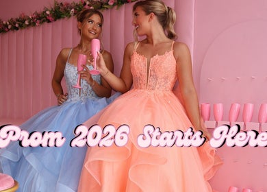 Two women in gowns at Blush Studio UK, Stockton-on-Tees, England, GB, celebrating with pink accents.