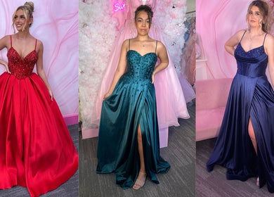 Three models in vibrant gowns at Blush Studio UK, Stockton-on-Tees, England, GB showcasing diverse styles.