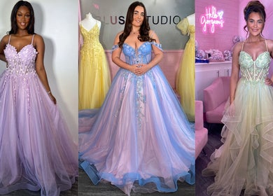 Models in elegant pastel gowns at Blush Studio UK, Stockton-on-Tees, England, GB display beauty and style.