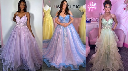 Models in elegant pastel gowns at Blush Studio UK, Stockton-on-Tees, England, GB display beauty and style.
