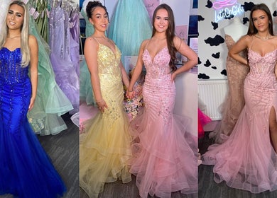 Glamorous gowns at Blush Studio UK in Stockton-on-Tees, England, showcasing elegant fashion choices.