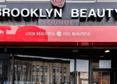 Exterior facade of Brooklyn Beauty Lounge in New York, New York, US, with stylish signage.