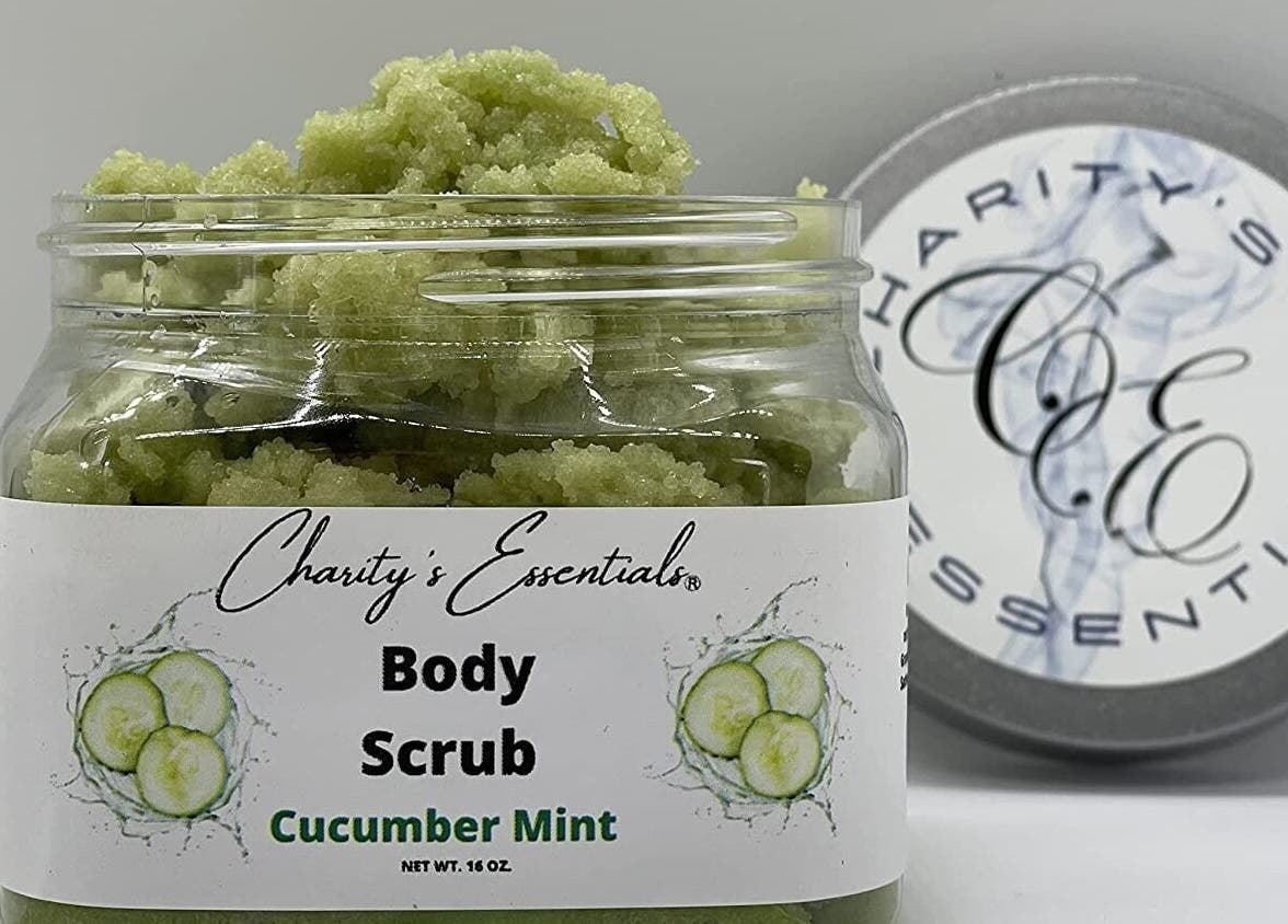 Cucumber mint body scrub from Charity's Essentials Ageless Spa in Yuma, ARIZONA, US, perfect for rejuvenation.