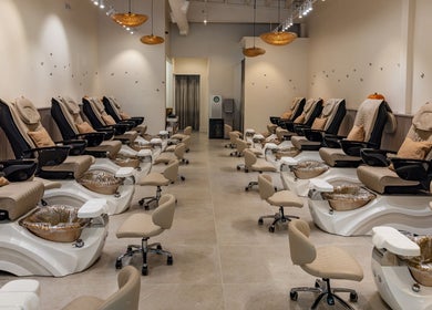 Spacious and elegant pedicure stations at Maison Nail Spa Silverlake, Los Angeles, California, US.