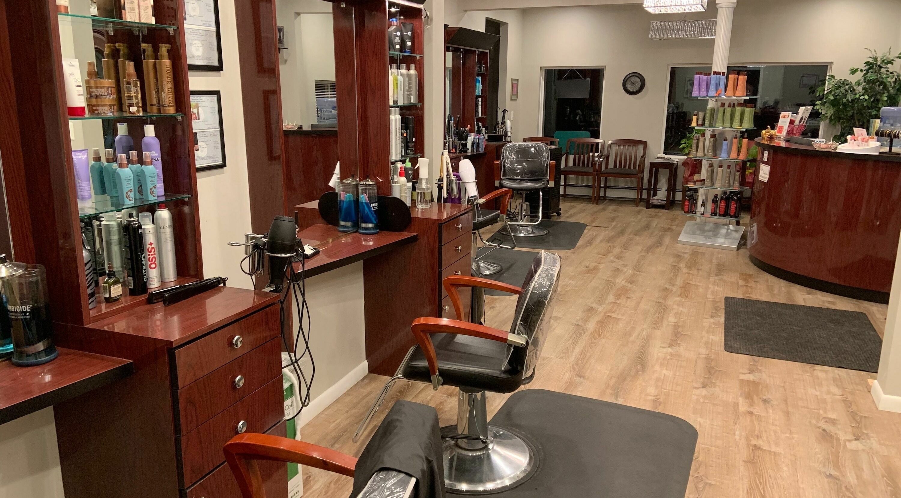 Elegant interior of Traceys Hair and Beauty Salon in Schenectady, New York, US, featuring stylish stations.