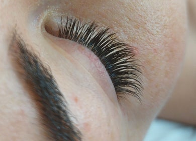 Close-up of eyelash extensions by Hayley Hicks - Beauty Specialist in Malmesbury, England, GB.