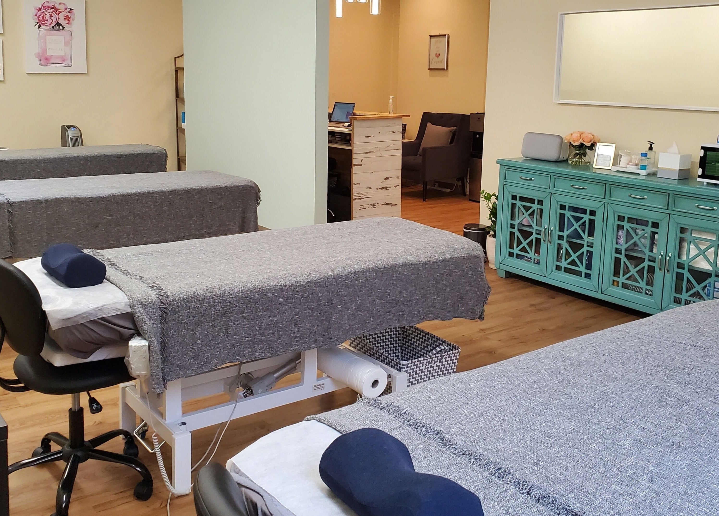 Stylish treatment room at Lash n Brow by KT, Long Island City, New York, US with plush massage tables.