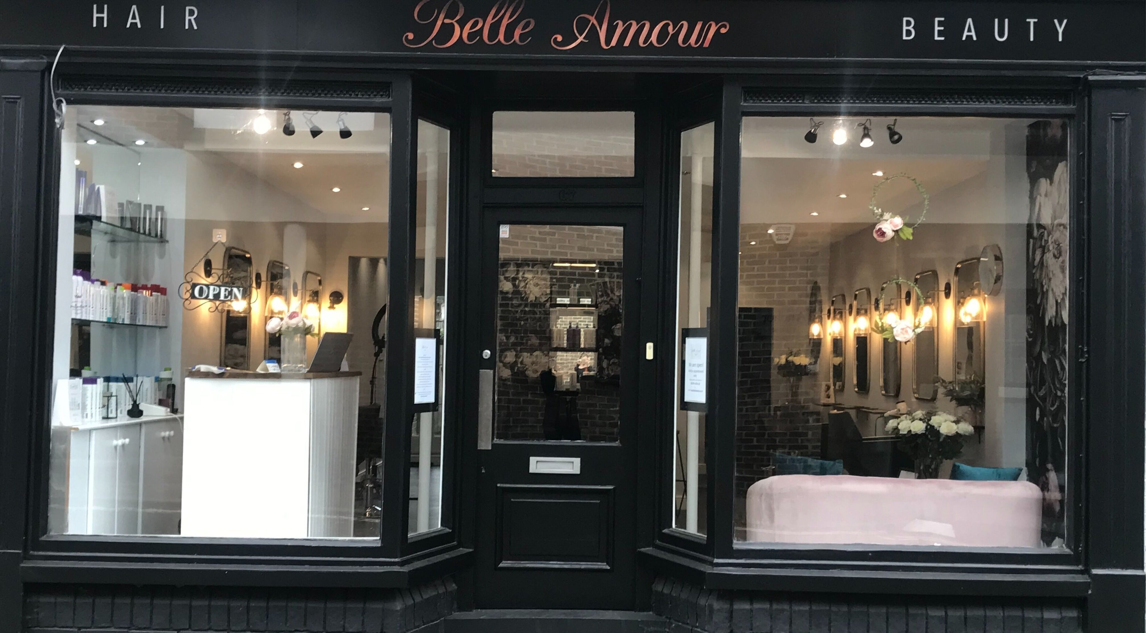 Exterior view of Belle Amour in Bagshot, England showcasing stylish salon interior.