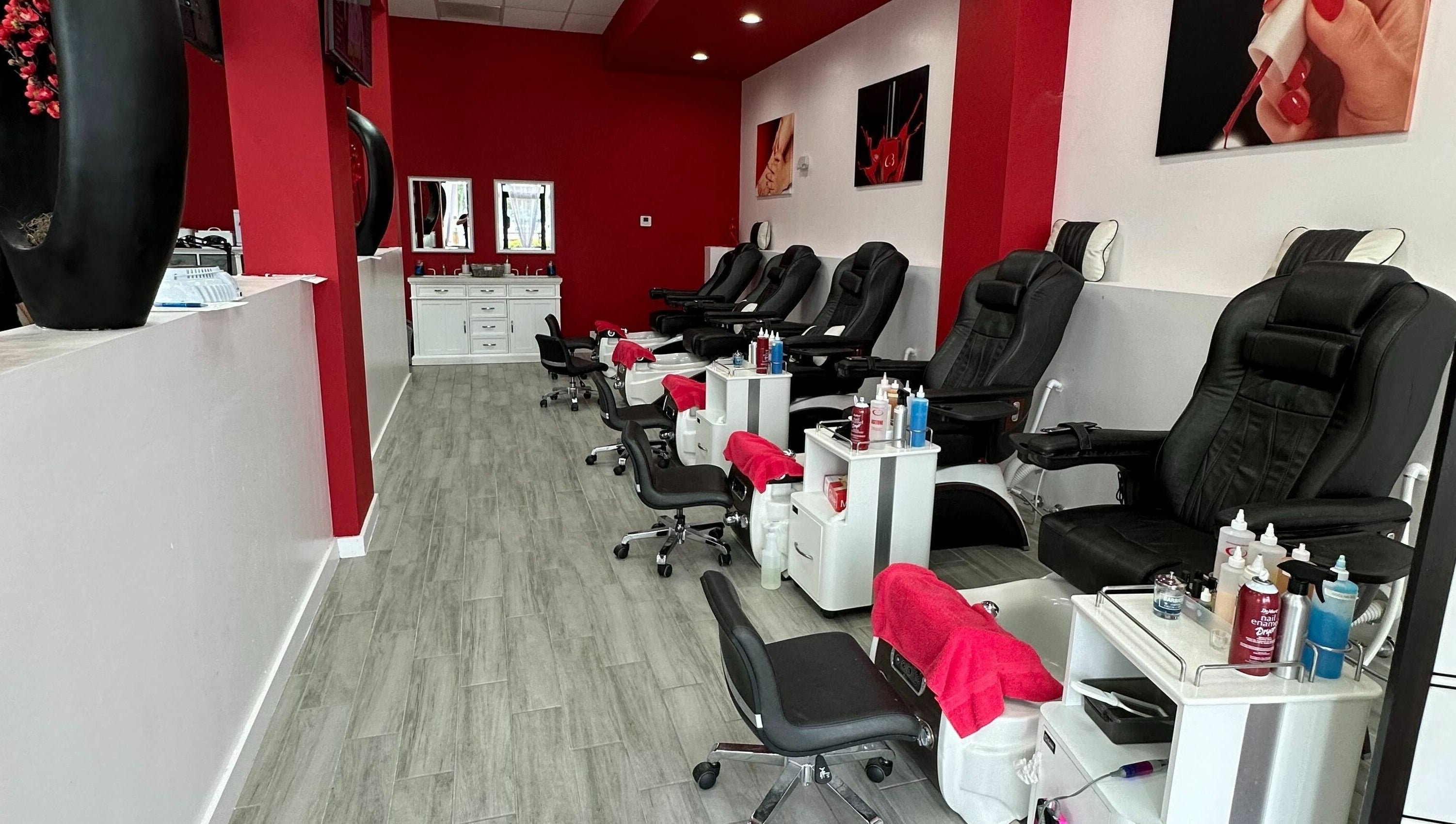Elegant pedicure chairs at Blossom Nails in Sanford, Florida, US, offering a premium wellness experience.