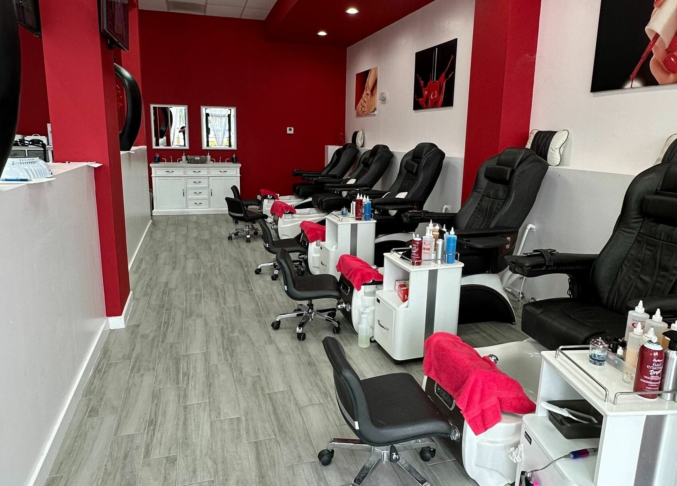 Elegant pedicure chairs at Blossom Nails in Sanford, Florida, US, offering a premium wellness experience.