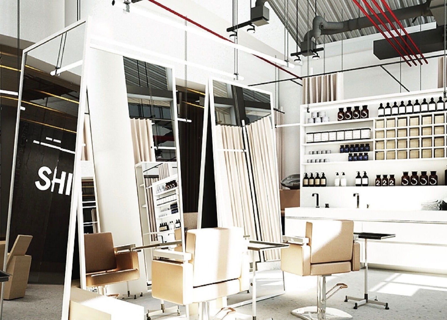 Modern interior of SHIN by AKIENDO salon in Krung Thep Maha Nakhon, featuring sleek chairs and product shelves.