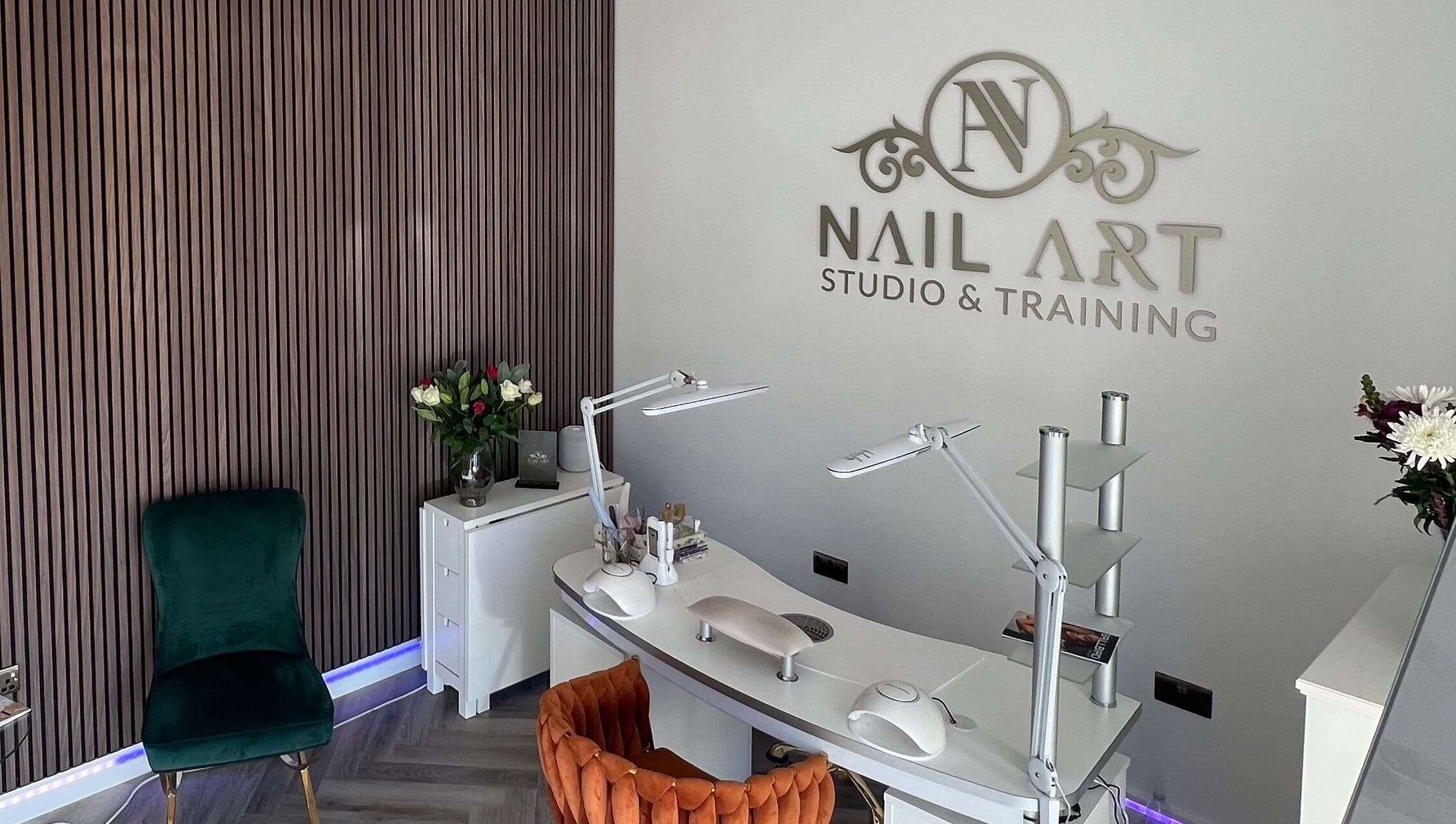 Modern manicure station at Nail Art Studio, Gainsborough, England, GB. Elegant decor with stylish seating.