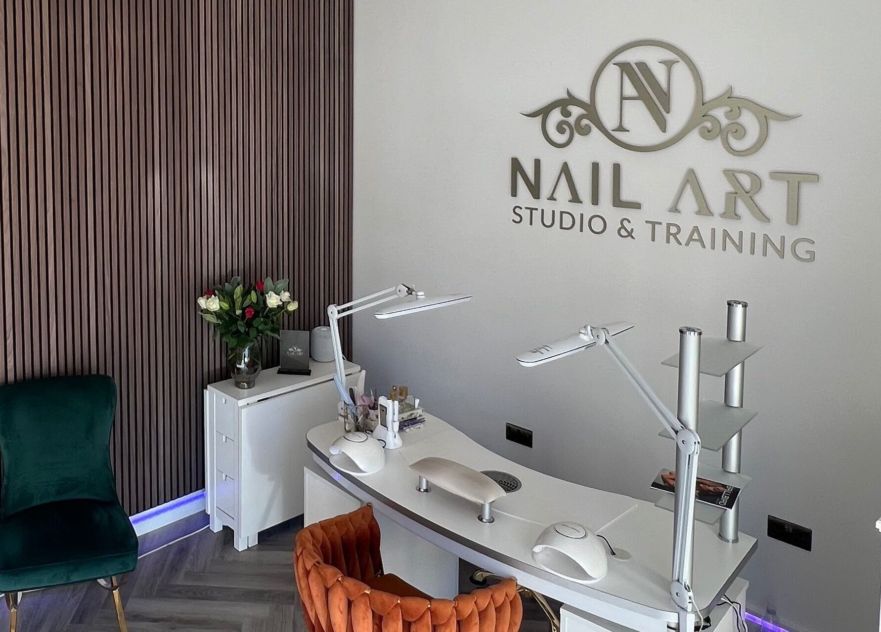 Modern manicure station at Nail Art Studio, Gainsborough, England, GB. Elegant decor with stylish seating.