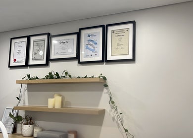 Framed certificates on display at QueenSt. Beauty Lounge in Perth, Western Australia, AU.