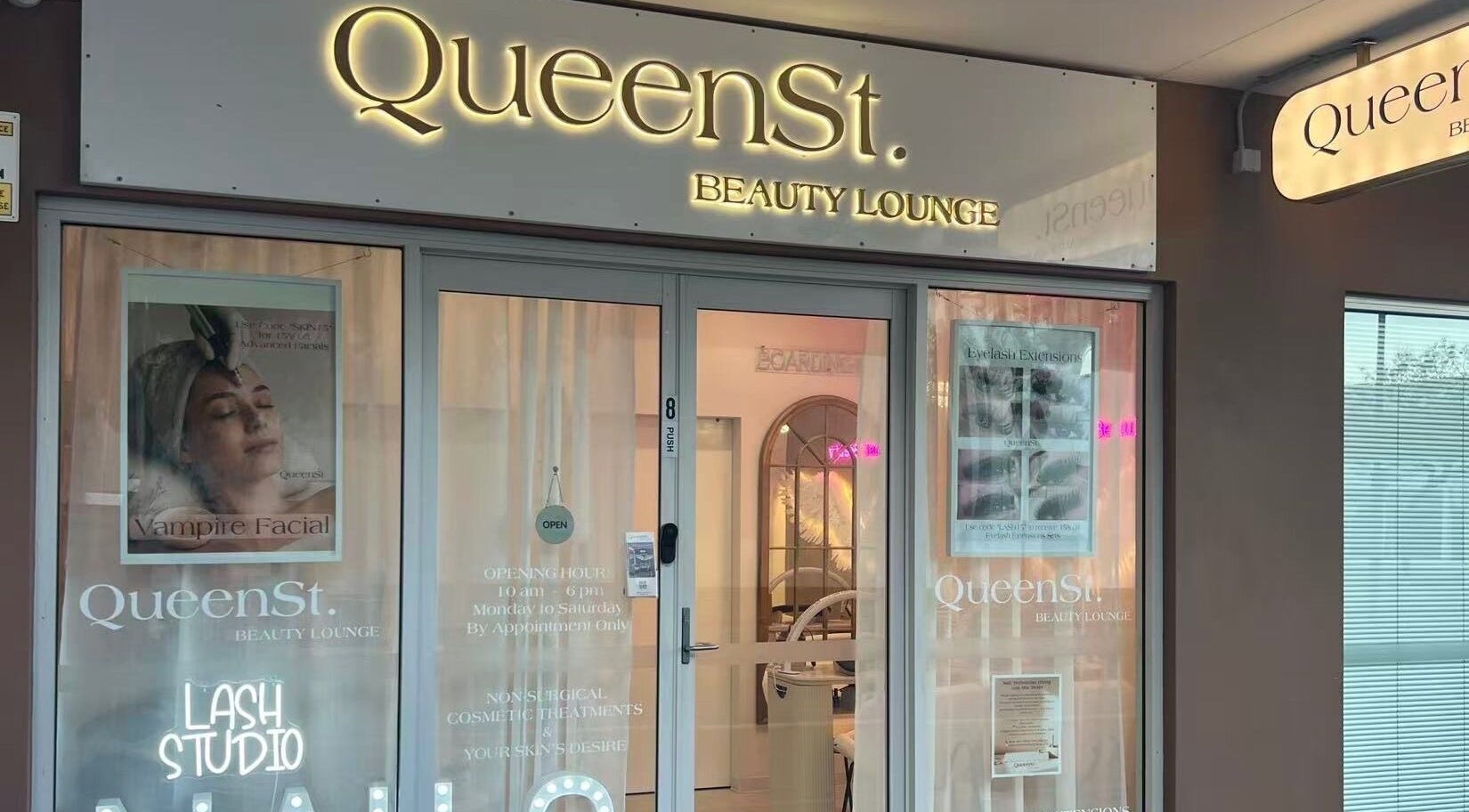 Front view of QueenSt. Beauty Lounge in Perth City, Western Australia, AU, showcasing its elegant entrance.
