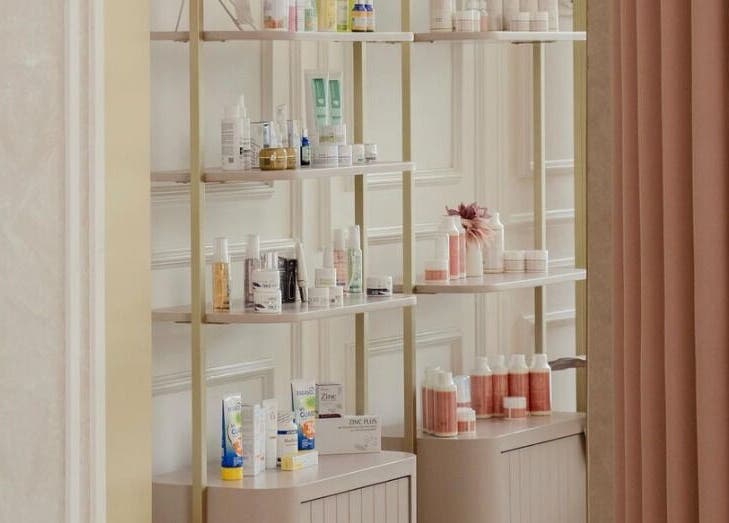 Beauty product shelves at Noona Glam, Bali, ID, offering premium skincare and wellness essentials.