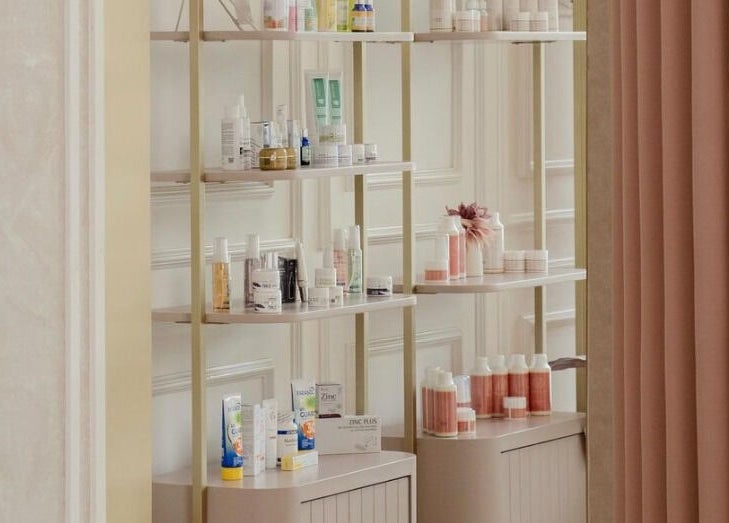 Beauty product shelves at Noona Glam, Bali, ID, offering premium skincare and wellness essentials.