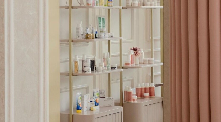 Beauty product shelves at Noona Glam, Bali, ID, offering premium skincare and wellness essentials.