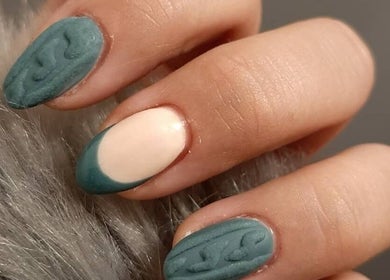Stylish green textured nails at Dragonfly Beauty, South Hiendley, England, GB.