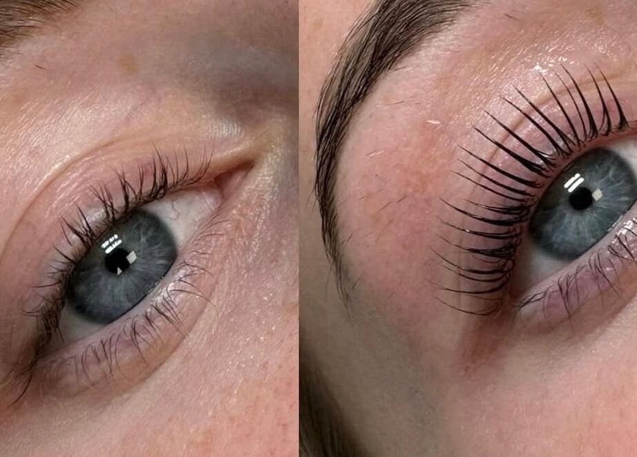 Before and after eyelash treatment at Sarah Gregory Beauty Clinic, Cheshire, England, GB.