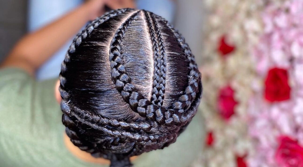 Detailed braided hairstyle at Studio 7 Hair and Braids, Sydney, New South Wales, AU.