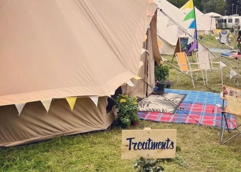Latitude Luxury tent setup for wellness treatments in Southwold, England, GB. Cozy outdoor relaxation area.
