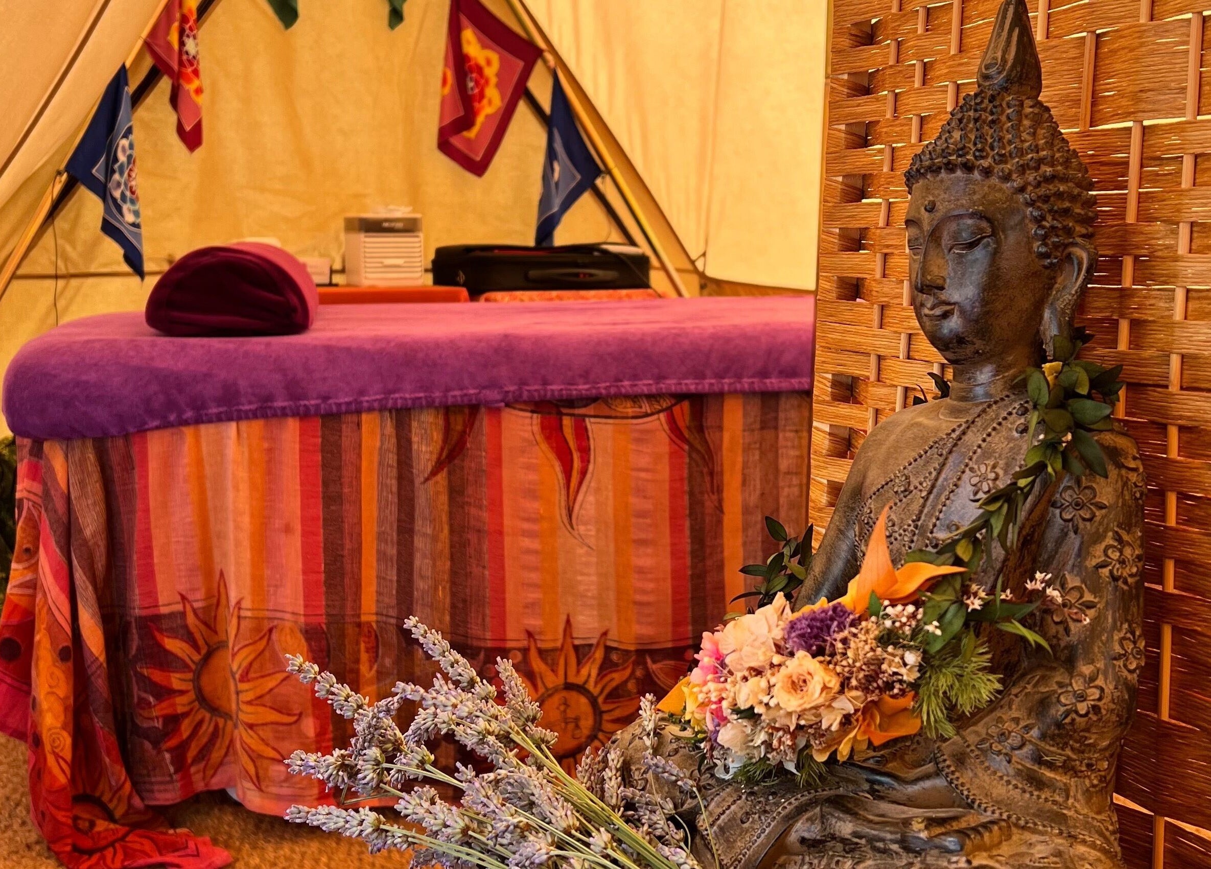 Buddha statue and vibrant decor at Latitude Luxury in Southwold, England, GB create a peaceful, zen vibe.